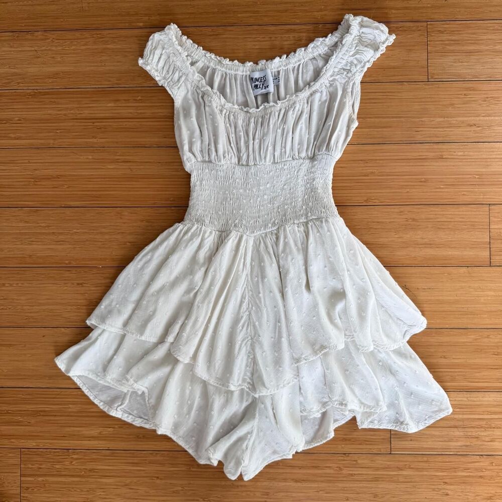 Princess Polly Love Galore Romper Size 0 White Off Shoulder Ruffle Playsuit